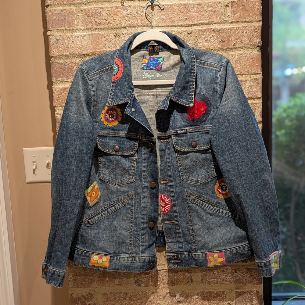 Up-cycled Wrangler Denim Jacket with Colorful Floral Embroidery - Picture 1 of 7